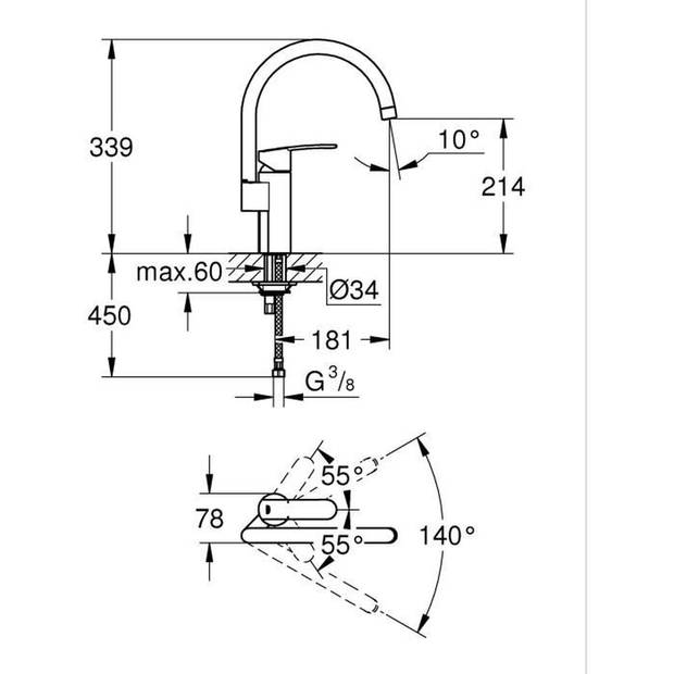 Keukenkraan - Chroom - Hoge uitloop - GROHE Wave Cosmopolitan - 32449001