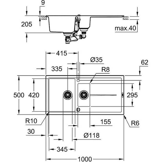 Composiet gootsteen met afwatering - GROHE - K400