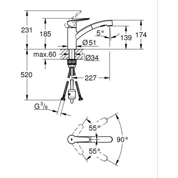 Keukenkraan - Eéngreeps keukenmengkraan - Uittrekbare vuistdouche - 90° lage draaibare uitloop - GROHE Start - 30531DC1