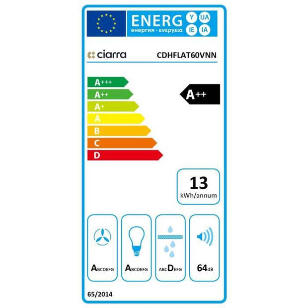 CIARRA CDHFLAT60VNN Glazen kap - 60 CM - 700m³/h - Volledig Zwart - A++