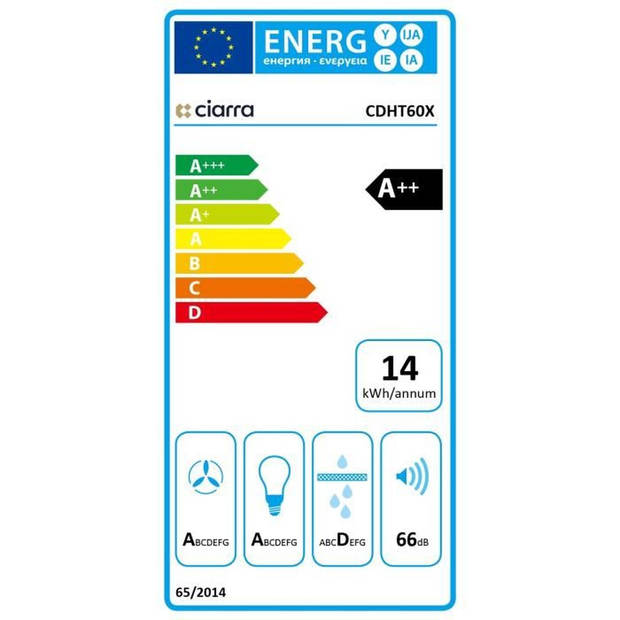 CIARRA CDHT60X wandkap - 60 CM - 650m³/h - Inox - A++