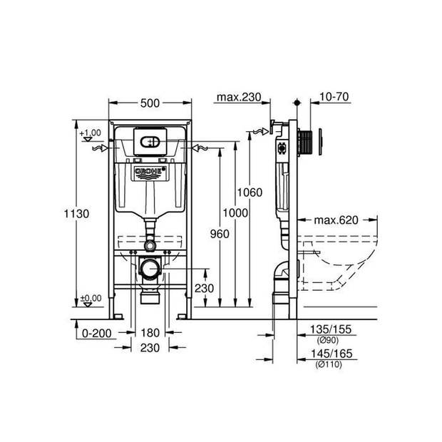 GROHE Solido 3 in 1 toiletrek, 1,20m, verzonken rek, dubbele knopbediening, 6-9 liter reservoir, 38981000