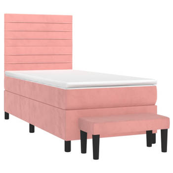 vidaXL Boxspring met matras fluweel roze 90x200 cm