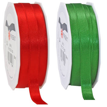 2x rollen satijn sierlint/cadeaulint - groen en rood - 1 cm x 25m p/rol - Cadeaulinten