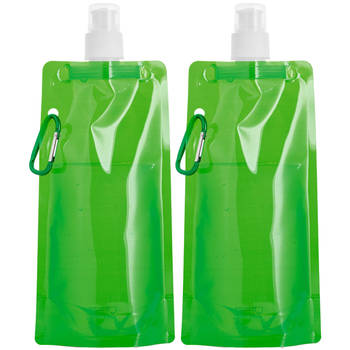 Waterfles/drinkfles opvouwbaar - 2x - groen - kunststof - 460 ml - schroefdop - waterzak - Drinkflessen