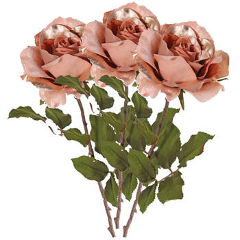 Top Art Kunstbloem roos Glamour - 3x - zalm met goudkleur - satijn - 61 cm - kunststof steel - decoratie bloemen - Kunst