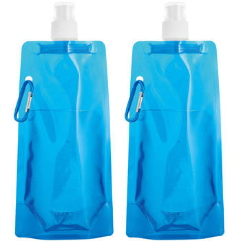 Waterfles/drinkfles opvouwbaar - 2x - blauw - kunststof - 460 ml - schroefdop - waterzak - Drinkflessen