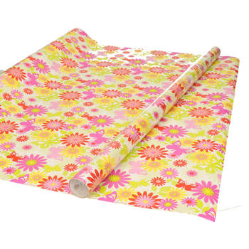 Inpakpapier/cadeaupapier - wit met gekleurde bloemen design - 200 x 70 cm - Cadeaupapier