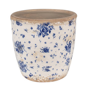 HAES DECO - Bloempot Ø 16x16 cm Beige Blauw Keramiek Roosjes Bloempot Binnen