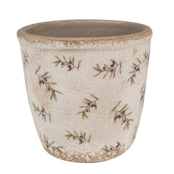 HAES DECO - Bloempot Ø 14x13 cm Beige Blauw Keramiek Olijven Bloempot Binnen