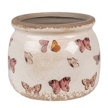 Clayre & Eef Bloempot Ø 12x10 cm Beige Roze Keramiek Vlinders Bloempot Binnen Beige Bloempot Binnen