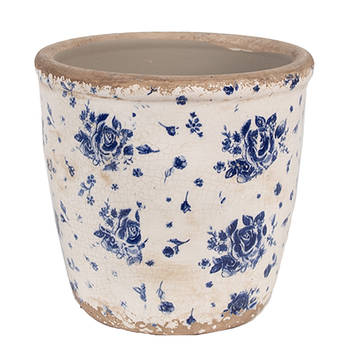 Clayre & Eef Bloempot Binnen Ø 15x14 cm Beige Blauw Keramiek Roosjes Plantenpot Beige Plantenpot