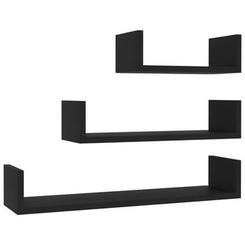 The Living Store Wandplanken - Set van 3 - Hout - U-vormig - Zwart - Verschillende maten
