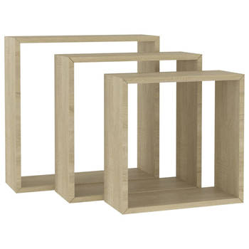 The Living Store Kubusschappen - Set van 3 - Sonoma Eiken - MDF - 30x10x30 cm - Onzichtbaar montagesysteem