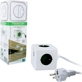 PowerCube Verlengde stekkerdoos met 4 stopcontacten en 2 USB-aansluitingen met 1,5 m kabel