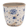 HAES DECO - Bloempot Ø 13x12 cm Beige Blauw Keramiek Roosjes Bloempot Binnen