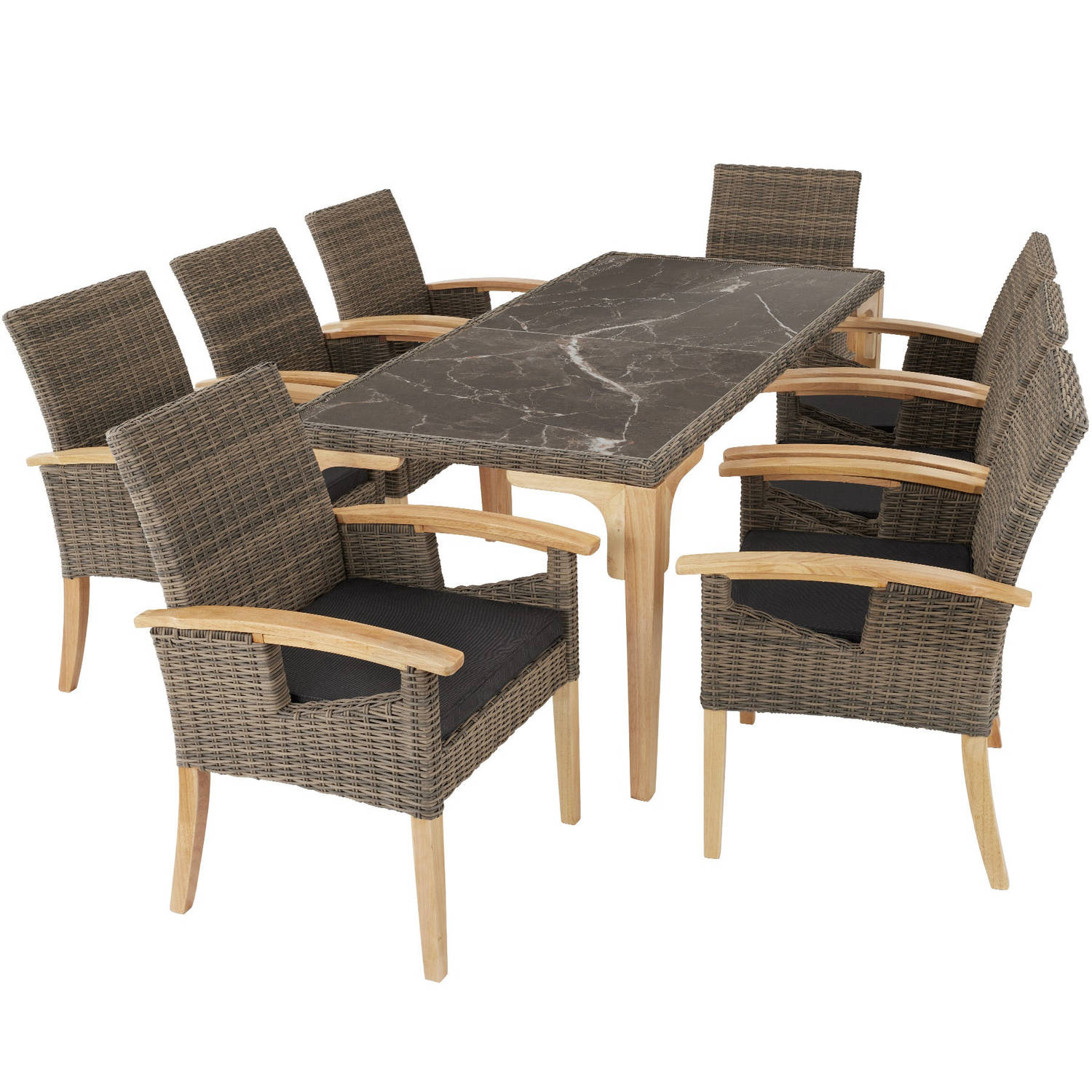 tectake - Wicker tafel Foggia met 8 stoelen Rosarno - natuur