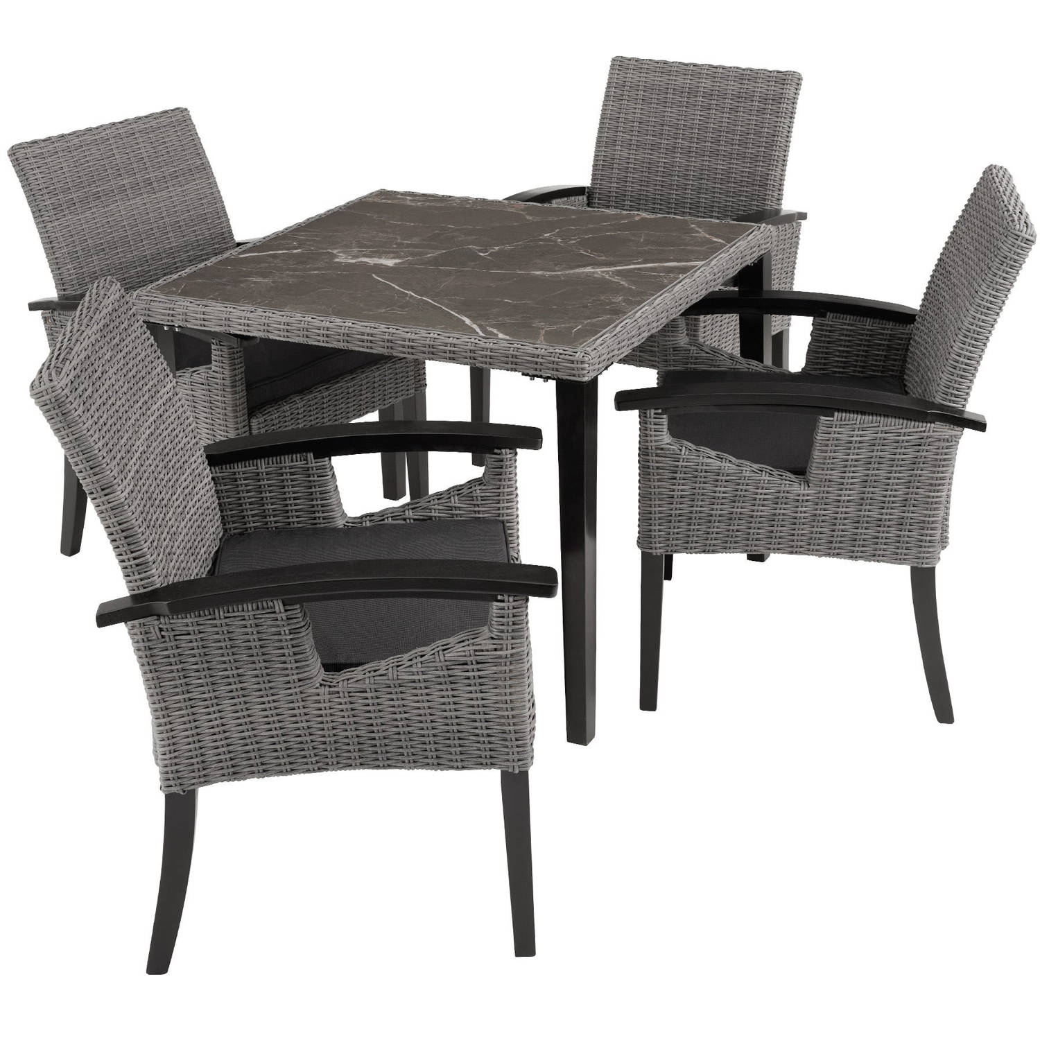 tectake® Wicker tafel Tarent met 4 stoelen Rosarno grijs 404857