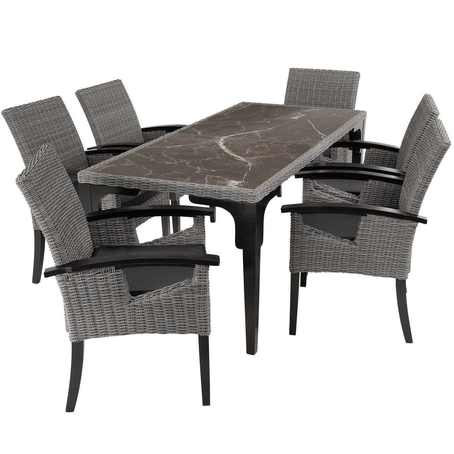 tectake® Wicker tafel Foggia met 6 stoelen tuinstoelen Rosarno tuinset grijs 404859