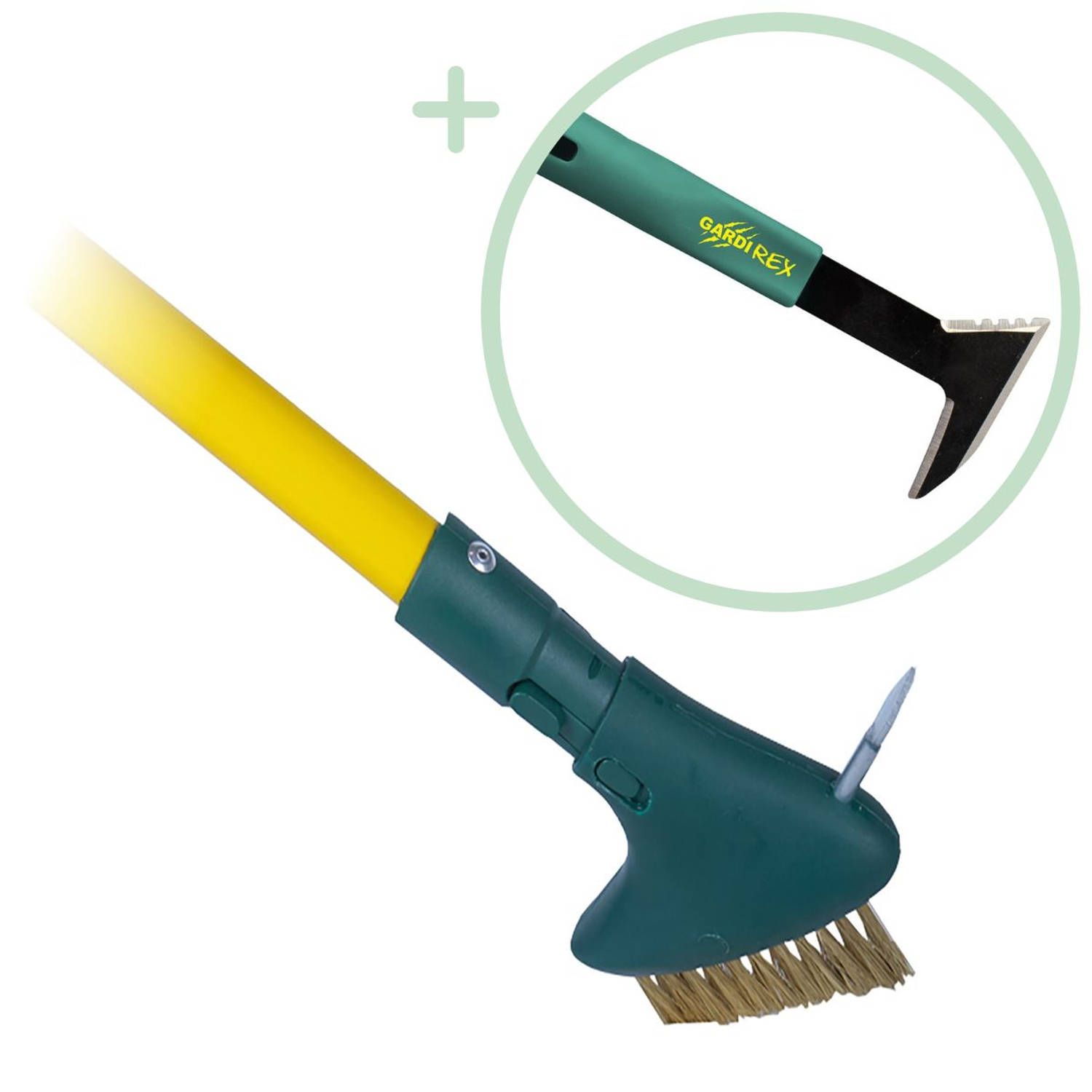 GardiREX Weed Brush, Stalen Onkruidborstel met Voegenkrabber - 2 Delige set - Onkruidkrabber met 140cm steel – Voegborstel - Onkruidmes