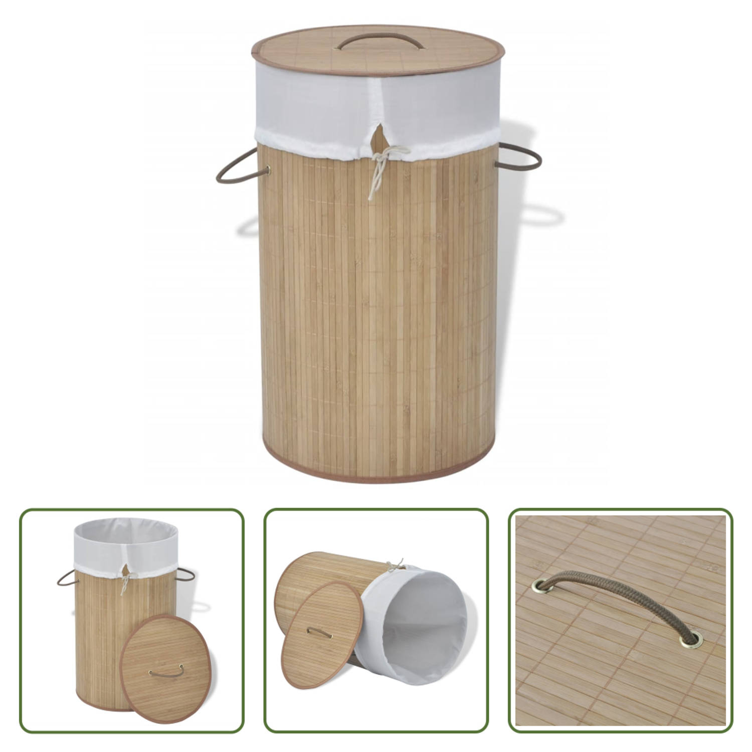 The Living Store Bamboe Wasmand Naturel Rond 35 x 60 cm Met verwijderbare binnenzak