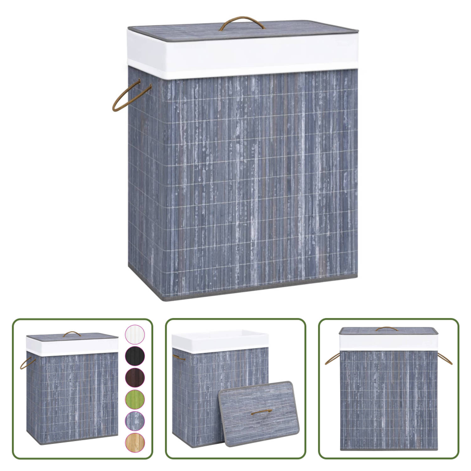 The Living Store Bamboe Wasmand Grijs 43.5 x 33.5 x 65.5 cm 83 L Uitneembare voering Lichtgewicht en