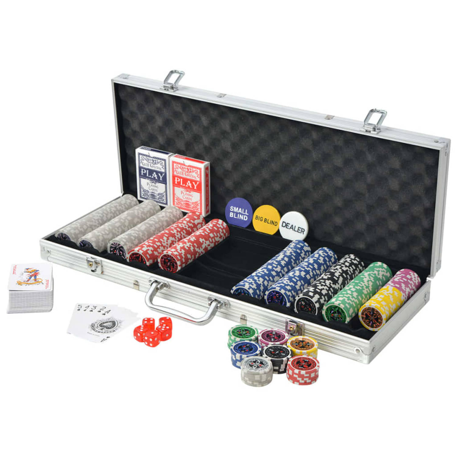 The Living Store Poker Set - Casino Dobbelstenen - Kaartspellen - 500 Laser Chips - Aluminium Koffer - 55.5 x 20.5 x
