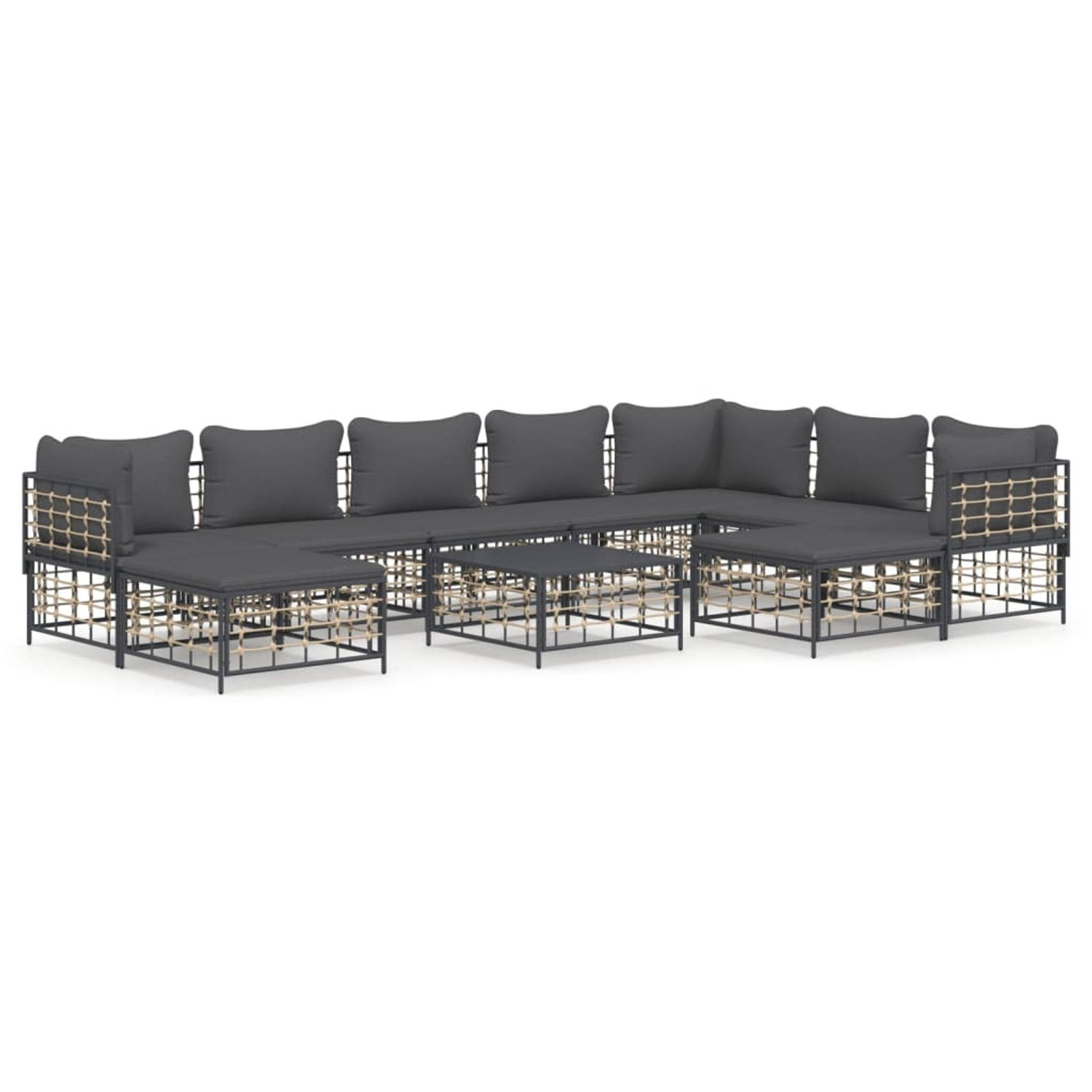 The Living Store Loungeset - Antraciet - Poly rattan - 72 x 72 x 66 cm - Comfortabel loungen - Weerbestendig - Stevig frame - Inclusief kussens - Stevig tafelblad - Modulair design