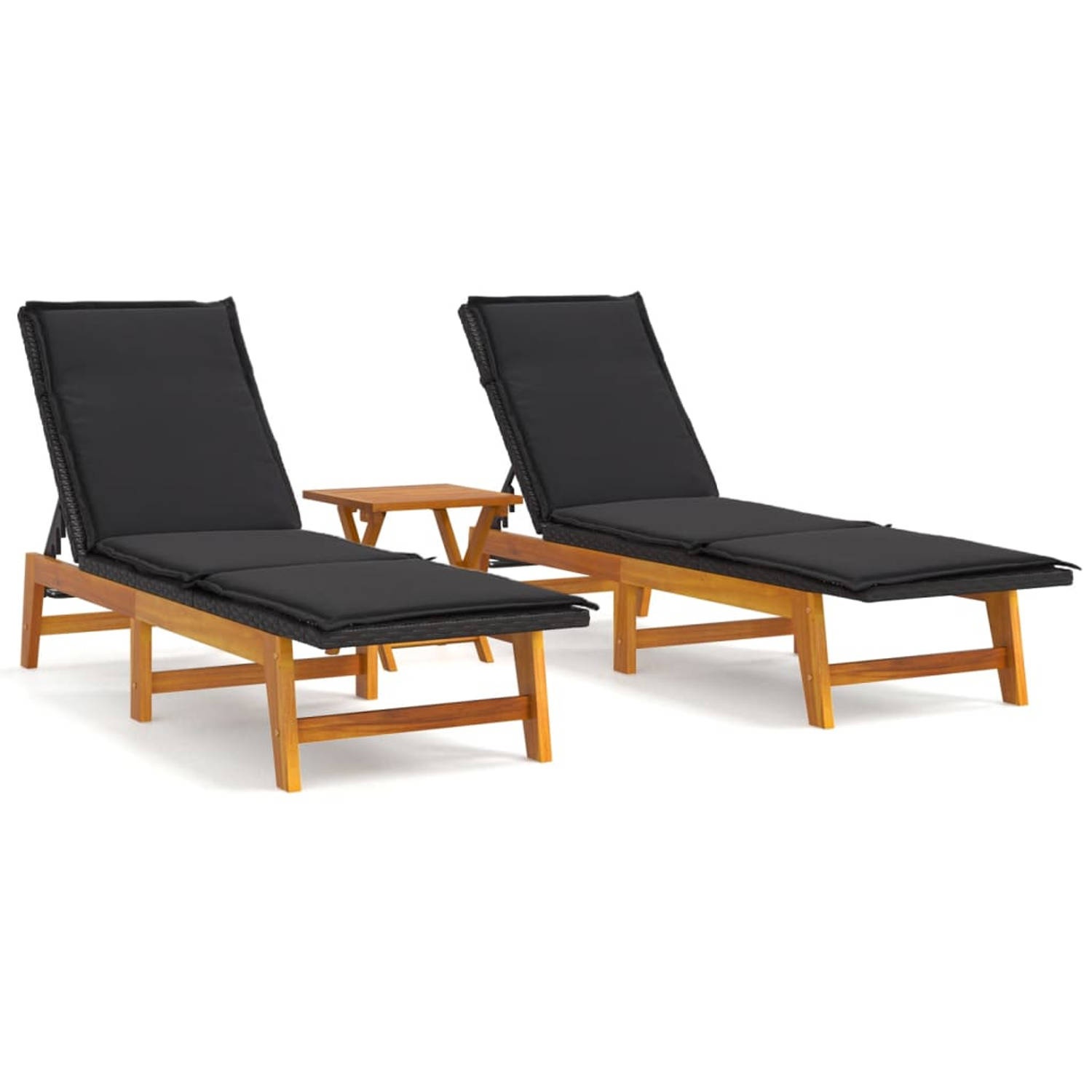 The Living Store 3-delige Loungeset poly rattan en massief acaciahout - Ligbed