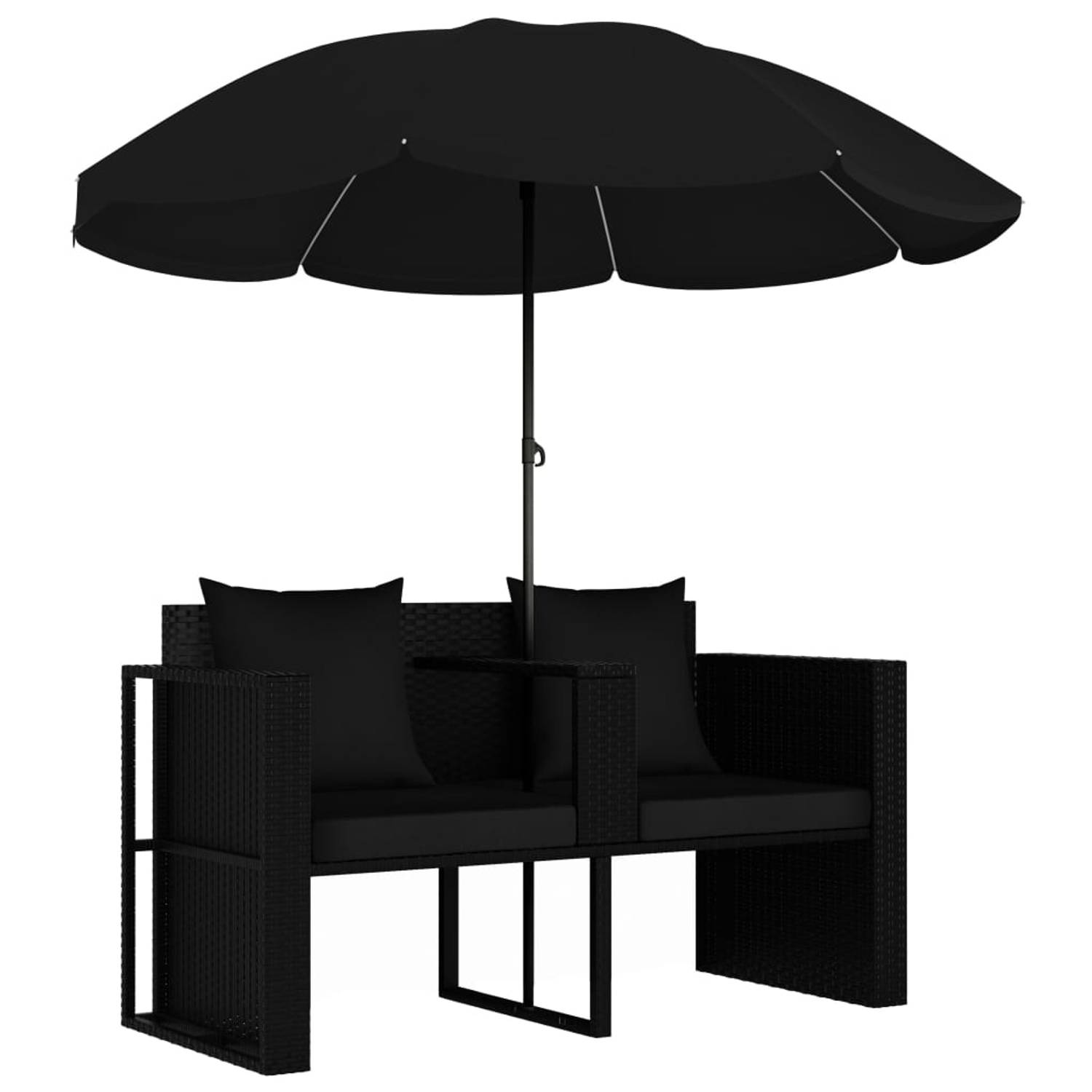 The Living Store Rattan loungeset - inclusief parasol - zwart - PE-rattan - 130 x 58 x 77 cm - 119 x 54 x 36 cm - 1.8 m - 6 cm - 4 cm - afneembare kussenhoes - afneembare voetenban