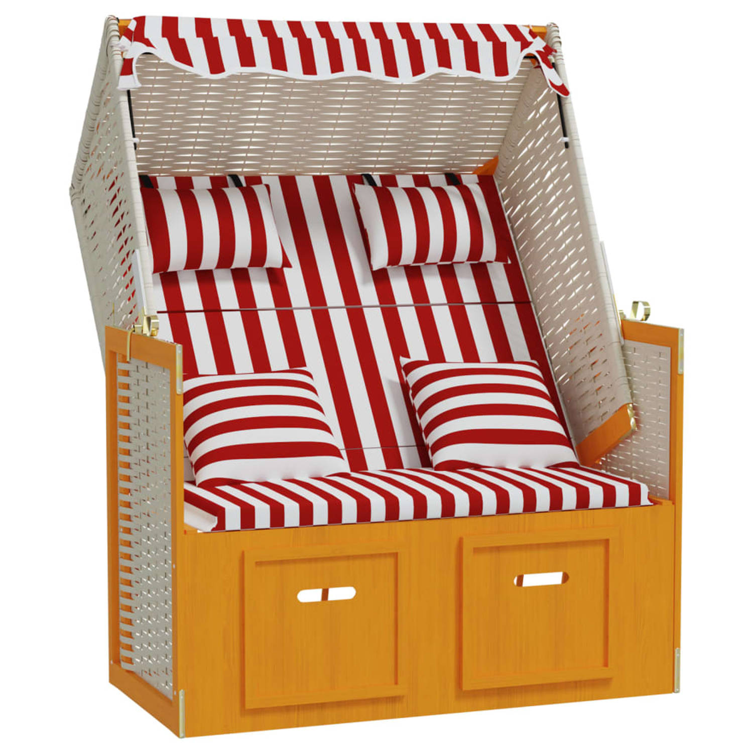 The Living Store Strandstoel Poly Rattan - 115x55x133/151/156 cm - Luifel - Verstelbare Rugleuning - Uitschuifbare Voetensteun - Rood en Wit