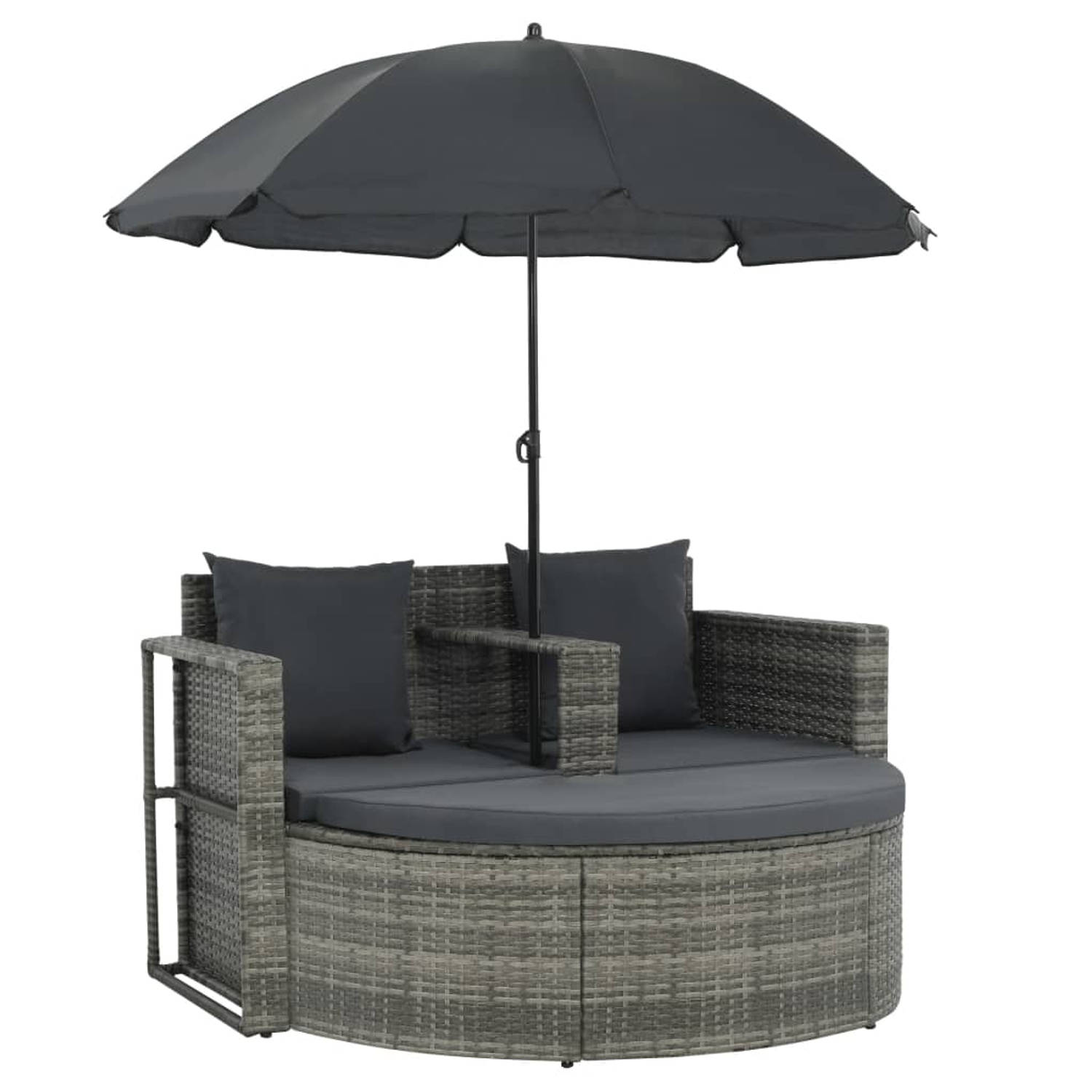 The Living Store Loungeset Grijs - 2-zitsbank - voetenbank - parasol - PE rattan - Stalen frame - 130x58x77 cm