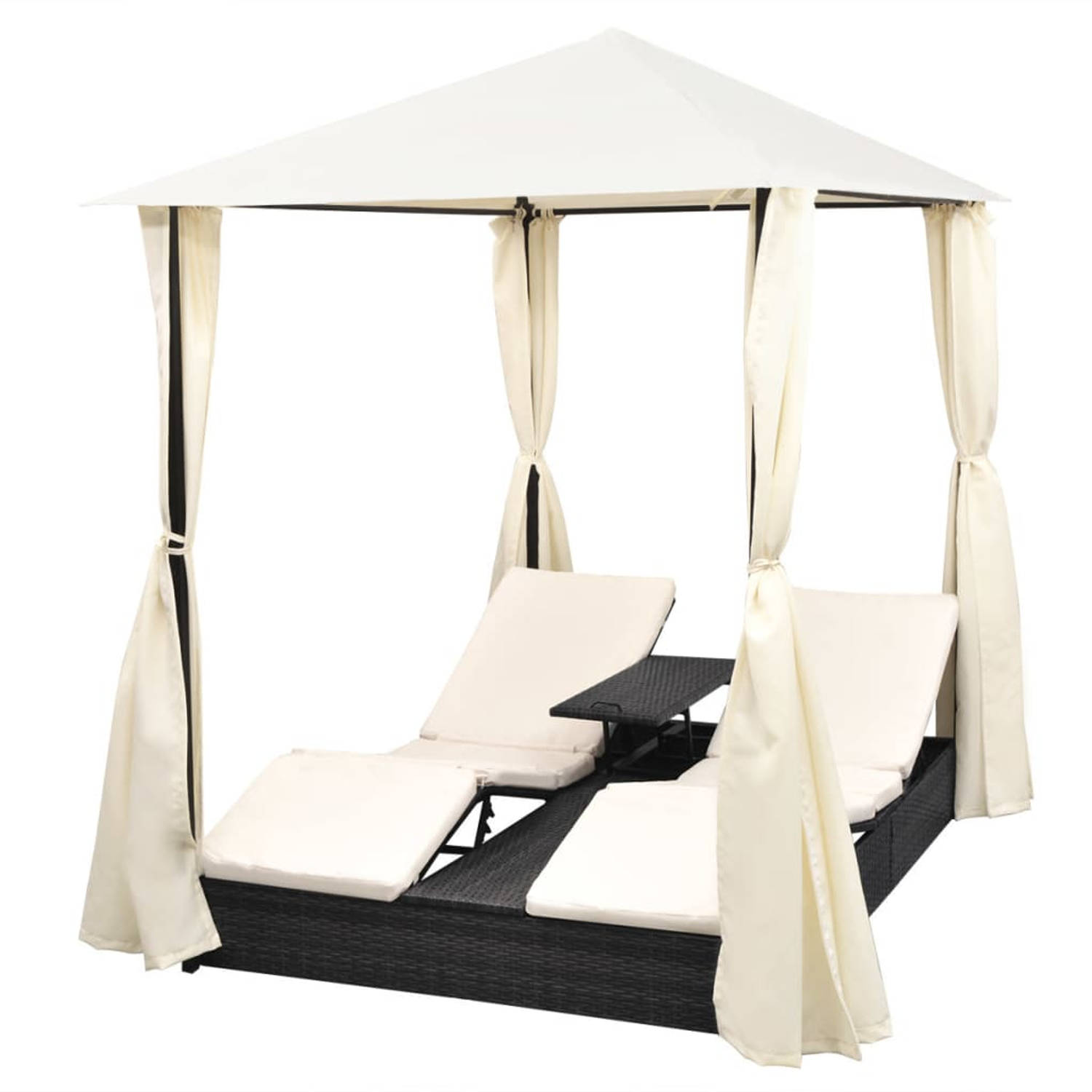 The Living Store Ligbed voor 2 personen - Rattan - Luxe design - Waterbestendig - Gepoedercoat stalen frame - Inclusief kussens en gordijnen - Kleur- zwart - Afmetingen- 197 x 140