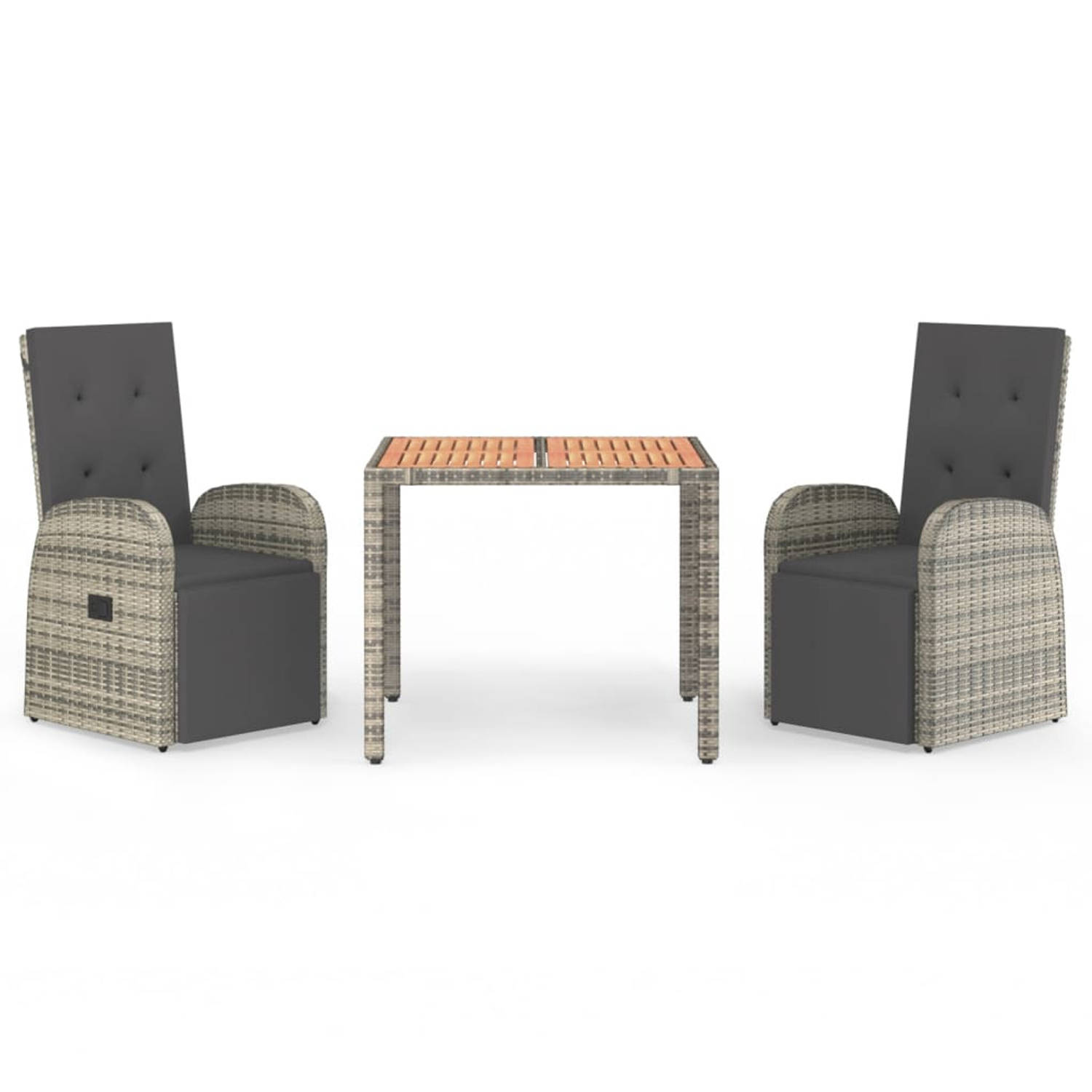 The Living Store 3-delige Tuinset met kussens poly rattan grijs - Tuinstoel