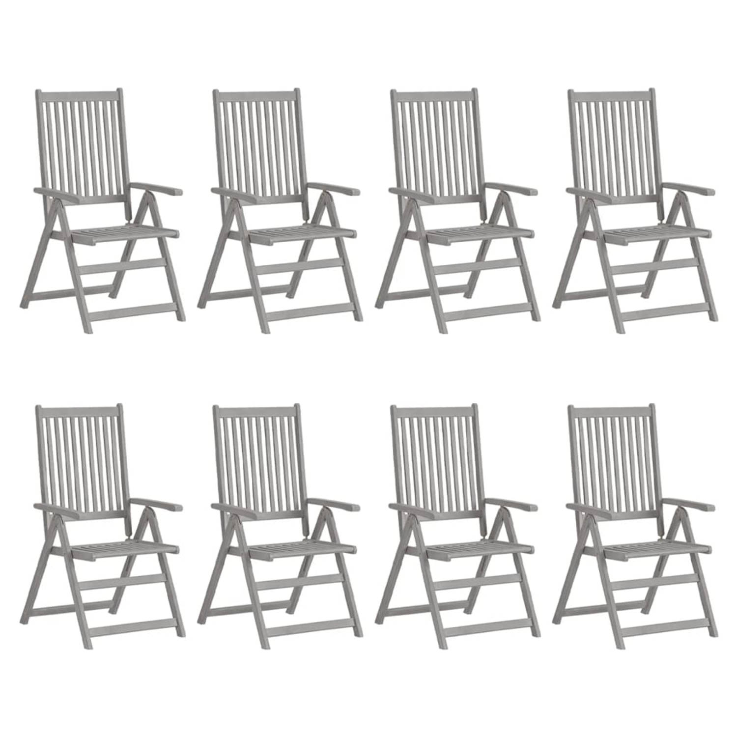 The Living Store Verstelbare Leunstoelenset - Acaciahout - Grijs - 56 x 70 x 110 cm - 8 stoelen met kussens