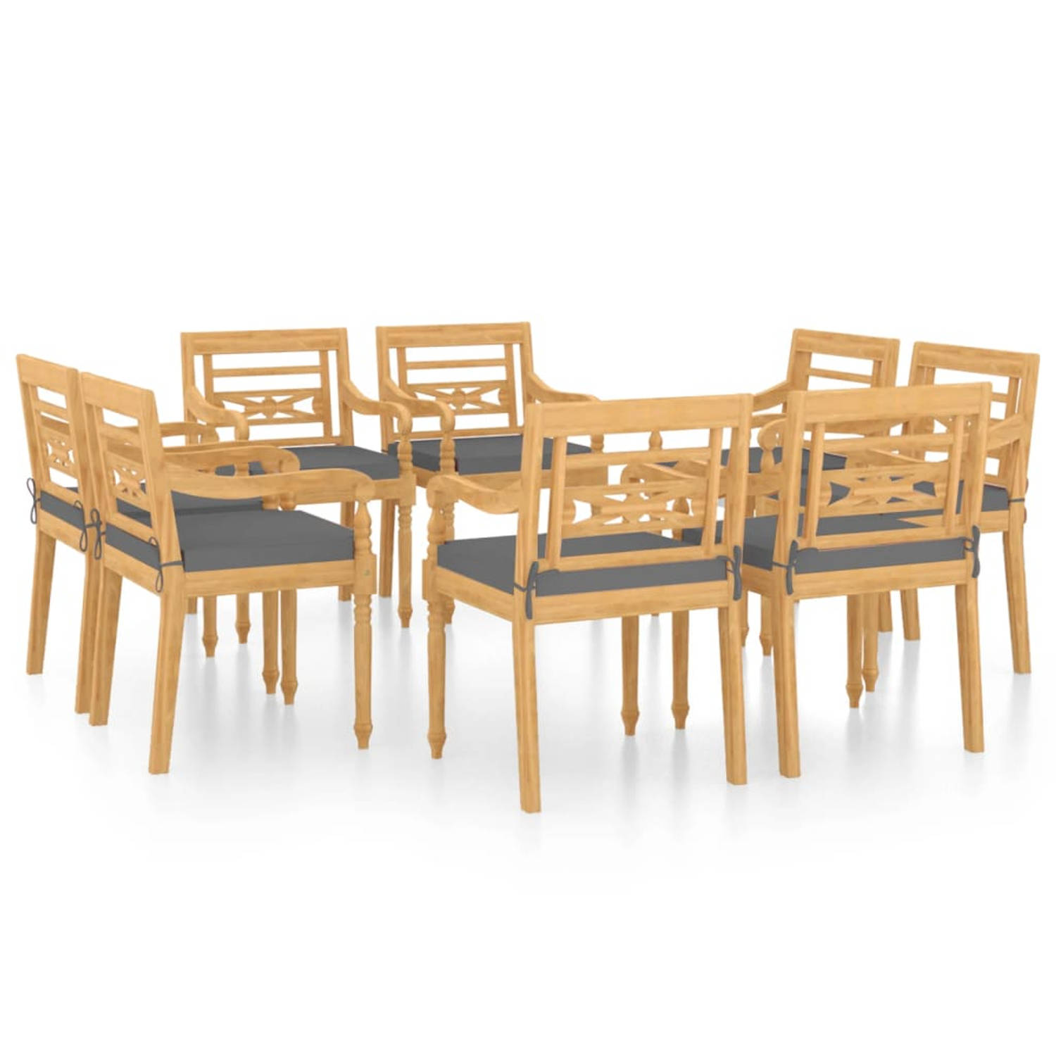 The Living Store Batavia Houten Stoelen - 55 x 51.5 x 84 cm - met teakolieafwerking - donkergrijs kussen - Set van 8