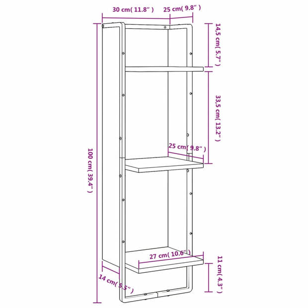 vidaXL Wandrek 3-laags 30x25x100 cm bewerkt hout grijs sonoma eiken