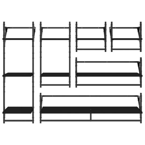 vidaXL 6-delige Wandschappenset met stangen bewerkt hout zwart