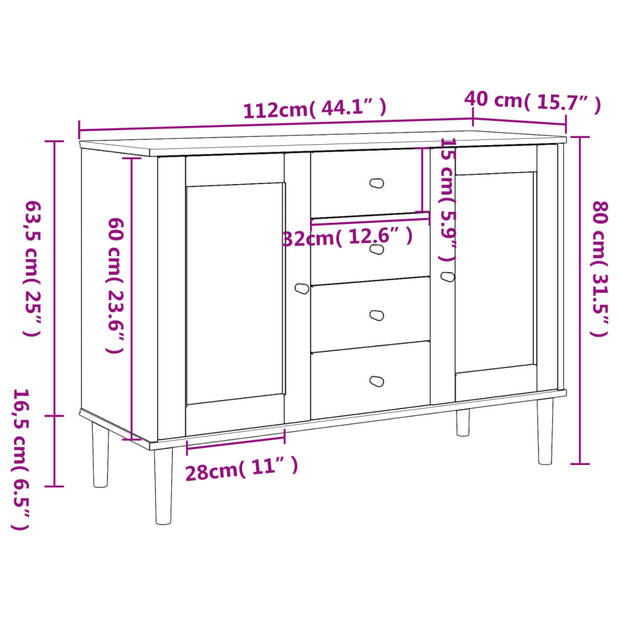 vidaXL Dressoir SENJA rattan-look 112x40x80 cm massief grenenhout wit