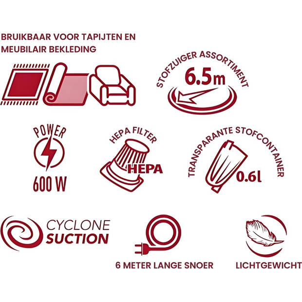 MPM Lichtgewicht Zakloze Steelstofzuiger met ingebouwde Kruimeldief, 2-in-1 Stofzuiger zonder Zak, 600W, Rood/Zwart