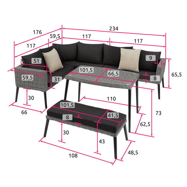 tectake® - Wicker lounge Pula met aluminium frame - grijs - 404792