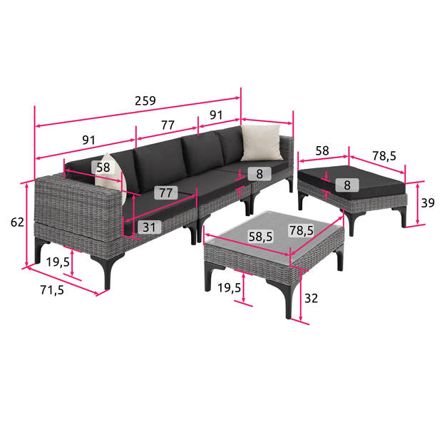 tectake® - Wicker loungeset Konstanza met aluminium frame - grijs - 404794