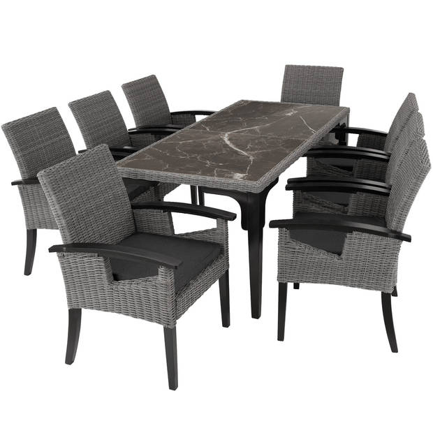 tectake® - Wicker tuinset Foggia tafel met 8 stoelen en kussens - tuinstoelen Rosarno - grijs - 404861