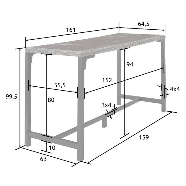 tectake® - Wicker bartafel Lovas 161x64,5x99,5cm - grijs