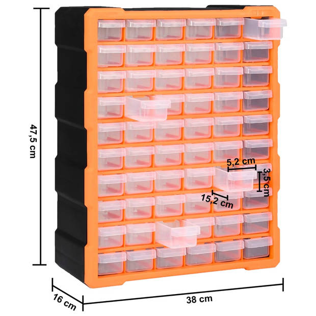 The Living Store Gereedschapsorganiser - 60 lades - slagvast kunststof - doorzichtig - 38 x 16 x 47.5 cm - oranje -