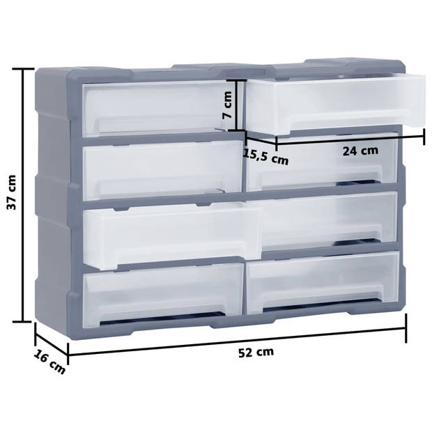 The Living Store opbergerGereedschapsorganiser - 52x16x37cm - 8 lades - slagvast kunststof - transparante lades - grijs