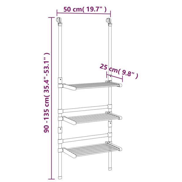 The Living Store Hangend Wasdroogrek - 3-laags - Instelbare Hoogte - Ruimtebesparend - Zilver - 50x25x(90-135)cm