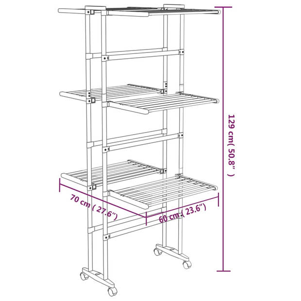 The Living Store Wasdroogrek - 3-laags - Aluminium - 60 x 70 x 129 cm - Stabiel frame - inklapbaar - gemakkelijk te