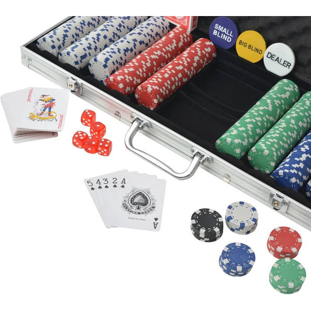 The Living Store Pokerset - Casino dobbelstenen - kaartendecks - buttons en 500 chips - 55.5 x 20.5 x 6.7 cm
