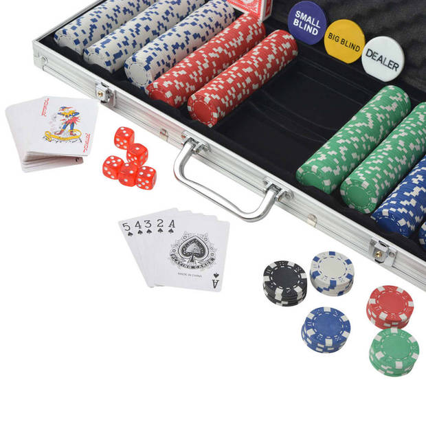 The Living Store Pokerset - Casino dobbelstenen - kaartendecks - buttons en 500 chips - 55.5 x 20.5 x 6.7 cm
